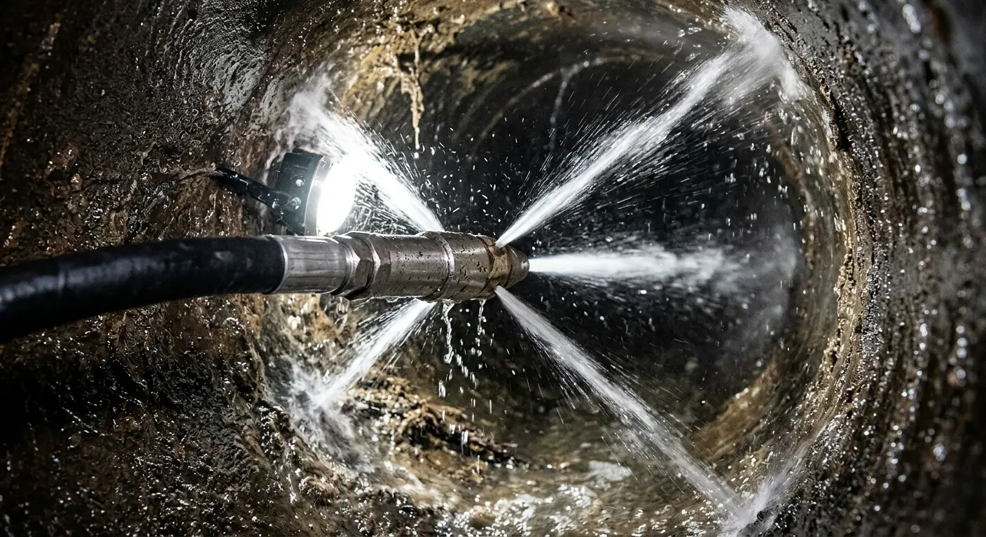 High-pressure hydro jetting nozzle cleaning sewer pipe for Emergency Drain Service in Zephyrhills South