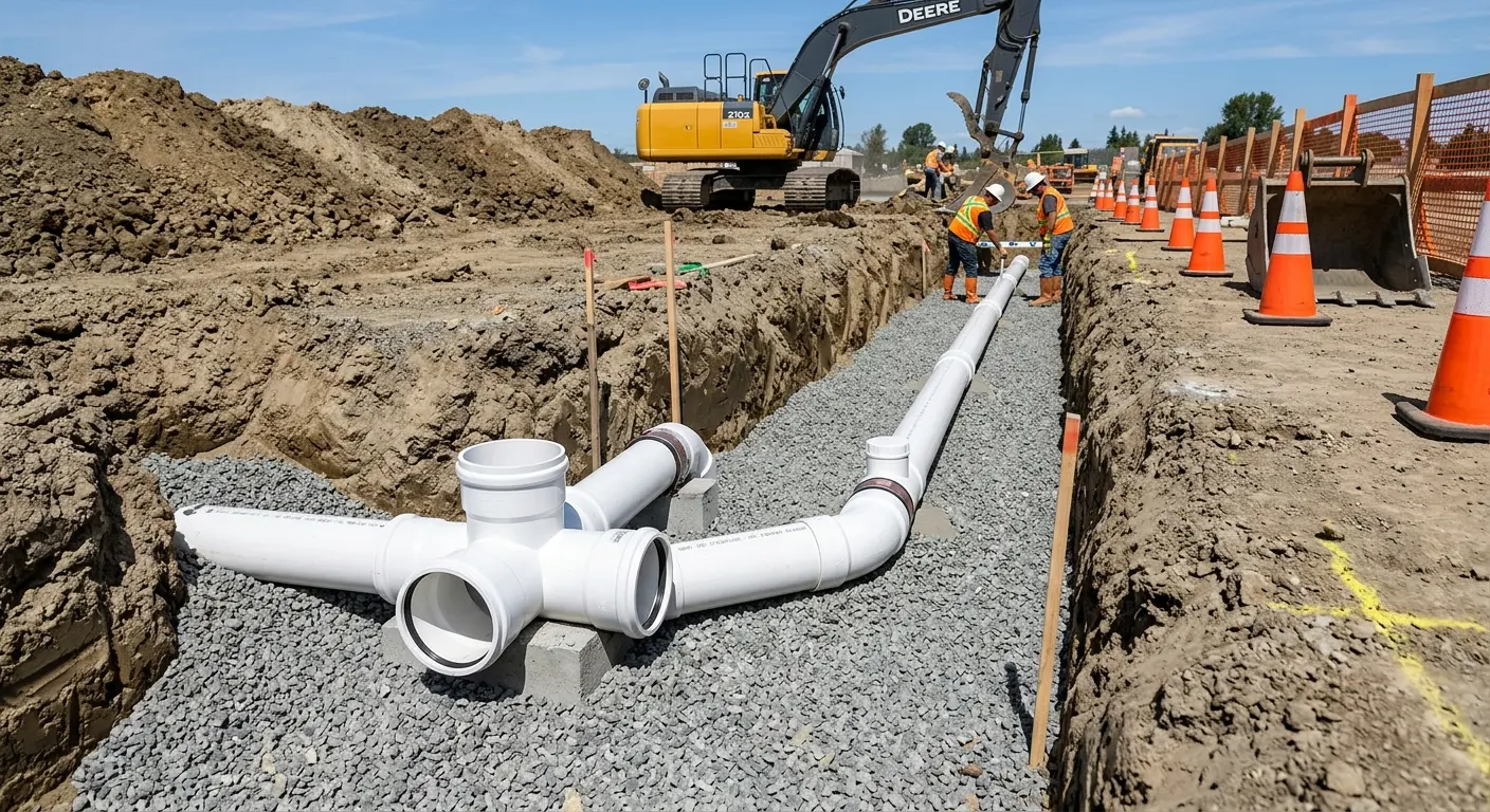 New PVC sewer pipe installation in open trench for Commercial Drain Cleaning in Zephyrhills South
