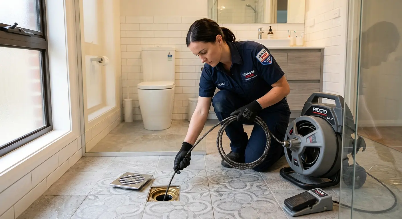 Technician clearing a bathroom floor drain for Drain Repair in Zephyrhills South
